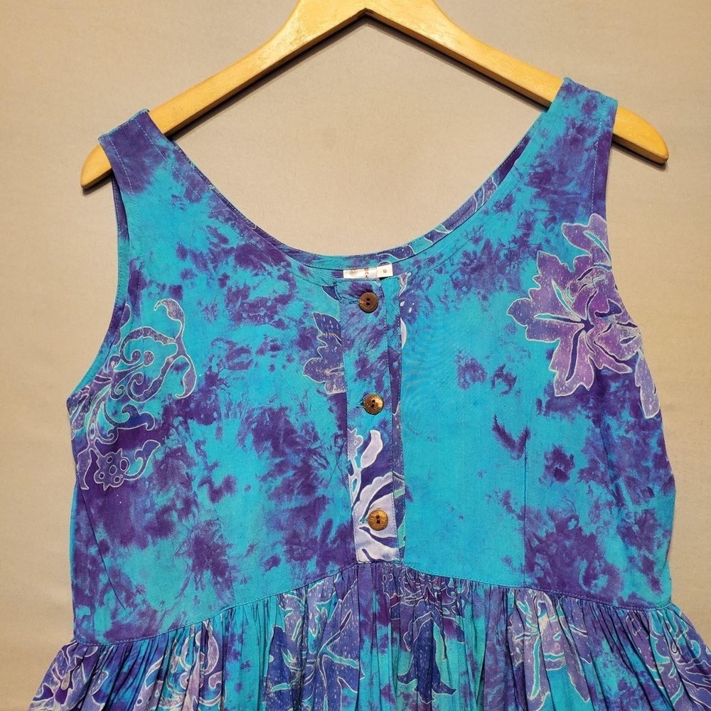 VTG 90s Bali Batiks Dress Womens Small Blue Purple Batik Fringe‎ Festival Beach - Picture 4 of 12